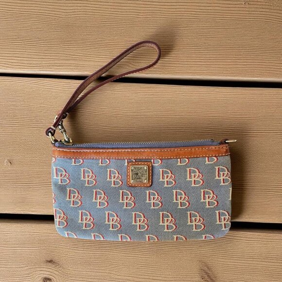 Dooney & Bourke Handbags - Dooney & Bourke DB Monogram Wristlet Blue Canvas Brown Leather Trim Small Bag
